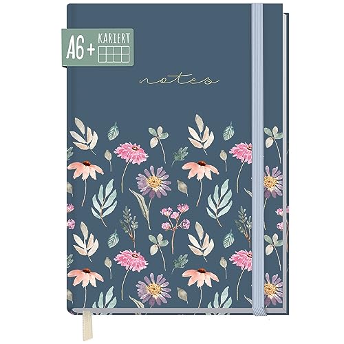 paper&you® Notizbuch kariert A6+ mit Gummiband [Flying Flowers] mit 156 Seiten, 78 Blatt | Notizheft, Bullet Journal, Tagebuch | nachhaltig & klimafreundlich von Häfft