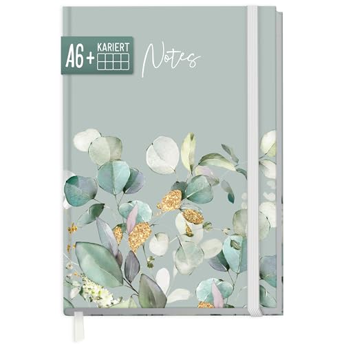 paper&you® Notizbuch kariert A6+ mit Gummiband "Minty Leaves" mit 156 Seiten, 78 Blatt - Notizheft, Bullet Journal, Tagebuch - nachhaltig & klimafreundlich von Häfft