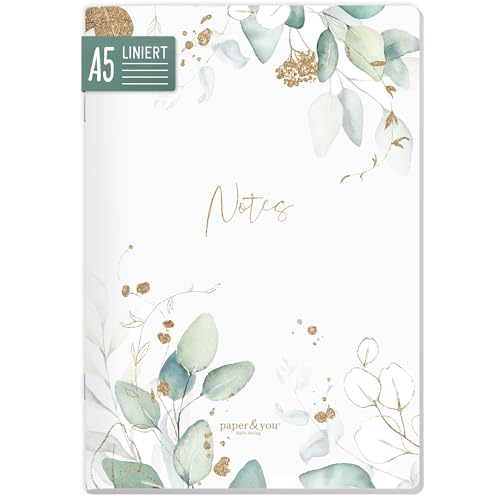 paper&you® Notizheft A5 liniert 64 Seiten, 90g/m² Premium-Papier, Notizbuch mit Softcover „Blattgold“ für Schule, Büro & unterwegs – nachhaltig & klimafreundlich von Häfft