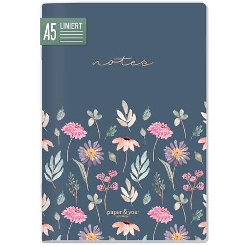 paper&you® Notizheft A5 liniert 64 Seiten, 90g/m² Premium-Papier, Notizbuch mit Softcover „Flying Flowers“ für Schule, Büro & unterwegs – nachhaltig & klimafreundlich von Häfft