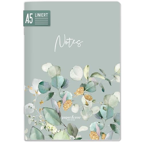 paper&you® Notizheft A5 liniert 64 Seiten, 90g/m² Premium-Papier, Notizbuch mit Softcover „Minty Leaves“ für Schule, Büro & unterwegs – nachhaltig & klimafreundlich von Häfft