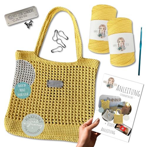 Häkel Liese Häkelset Für Anfänger Strandtasche Damen - Wolle Zum Häkeln, Häkelnadel Set, Netztasche Sandspielzeug, Aesthetic Stuff Clean Girl, DIY Set Erwachsene, Baumwolltasche von Häkel Liese