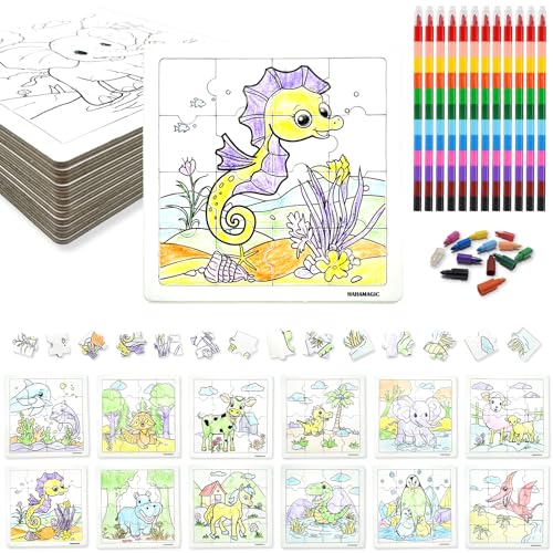 HahaMagic, 12PCS Puzzles zum Bemalen, mit 12 Stapelbare Wachsmalstifte (12 Farben in 1), Puzzles Selber Gestalten, geeignet als Kindergeburtstag Gastgeschenke und kleine geschenke für kinder von HahaMagic