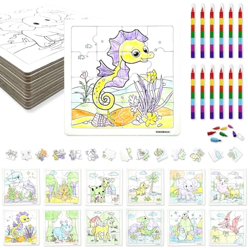 HahaMagic, 12PCS Puzzles zum Bemalen, mit 12 Stapelbare Wachsmalstifte (7 Farben in 1), Puzzles Selber Gestalten, geeignet als Kindergeburtstag Gastgeschenke und kleine geschenke für kinder von HahaMagic