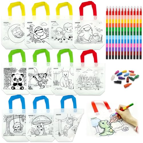 HahaMagic 12 Stofftaschen zum bemalen mit 12 Wachsmalstifte (12-in-1), ideal für Taschen bemalen Kindergeburtstag, Mitbringsel Kindergeburtstag, und Kunst-Partygeschenke für Kinder-Klassenzimmer von HahaMagic