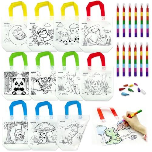 HahaMagic 12 Stofftaschen zum bemalen mit 12 Wachsmalstifte (7-in-1), ideal für Taschen bemalen Kindergeburtstag, Mitbringsel Kindergeburtstag, und Kunst-Partygeschenke für Kinder-Klassenzimmer von HahaMagic