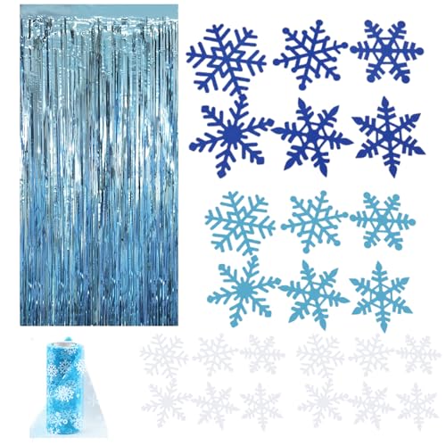 Hahafelt 27 Stück Winter Schnee Eingang Tür Dekor Wunderland Party Tür Dekoration Eis Schnee Thema Dekoration Schneeflocke Ausschnitte Blau Luftschlangen Mesh für Geburtstag Feier Supplies von Hahafelt