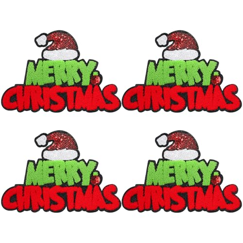 Hahafelt 4 Stück große Aufbügler mit Aufschrift "Merry Christmas", 27,9 x 19,9 cm, Weihnachtsbuchstaben, mit Glitzer, roter Weihnachtsmannmütze, Kugel, Dekoration, bestickt, zum Aufnähen, für von Hahafelt