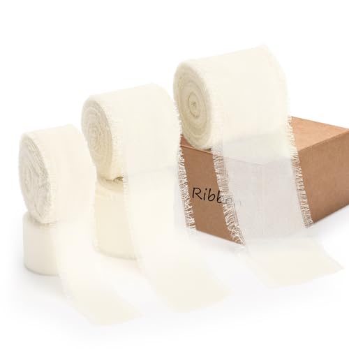 Hahafelt Chiffonband, 2,5 cm, 3,8 cm, 5,1 cm x 3 Rollen, insgesamt 27,7 m, handgefertigt, Fransenband, Chiffon-Seidenband zum Verpacken von Hochzeitseinladungen, Brautsträußen, Basteln, Heimdekoration von Hahafelt