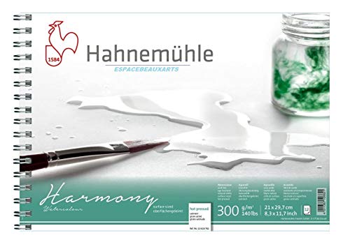 Hahnemühle Aquarellkarton Harmony, satiniert, 300 g/m², 21 x 29,7 cm, 12 Blatt. Spiral .Made in Germany von Hahnemühle