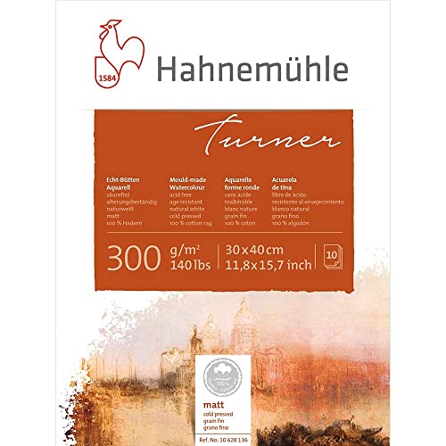 Turner Aquarellblock, 100% mattes Hadern Papier, 300 g/m², naturweiß, 10 Blatt, 30x40 cm von Hahnemühle