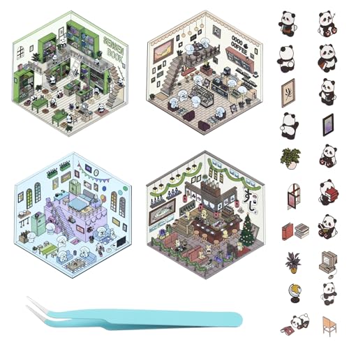 4 Sets 3d Sticker Scene DIY Asmr Sticker 3D Haus Scene DIY Miniatur Haus Stickers Cartoon-Szene Aufkleber für Erwachsene und Kinder Stressabbau-Spielzeug von HaiFafafaing