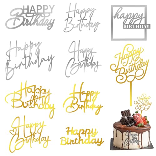 Tortenaufsätze "Happy Birthday", Gold und Silber, verspiegelt, Acryl, 10 einzigartige Stile für Kuchendekorationen, Cupcake-Topper und Party-Desserts, 10 Stück Tortenaufsätze "Happy Birthday", Gold und Silber, verspiegelt, Acryl, 10 einzigartige Stile für Kuchendekorationen, Cupcake-Topper und Party-Desserts, 10 Stück von HaiFafafaing