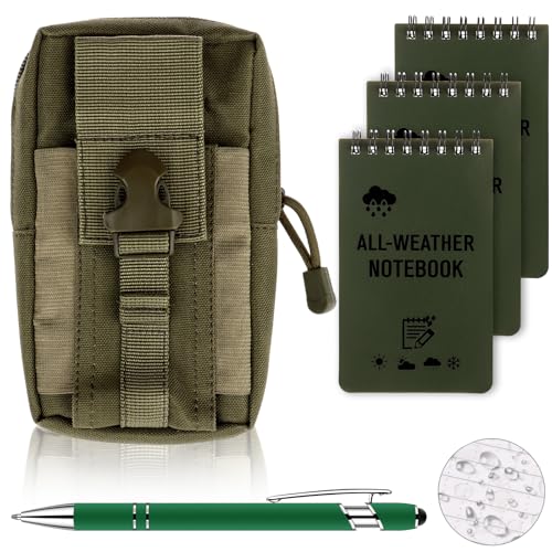Haiabei 5 Pcs Mini Wasserdichte Notizblock 3 X 5 Zoll Pocket Notizbuch mit Stifte Canvas-Tasche Allwetter Spirale Notizblöcke mit Raster Taktische Steno-Block für Aktivitäten im Freien(Grün) von Haiabei