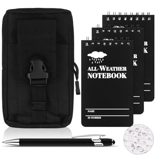 Haiabei 5 Pcs Mini Wasserdichte Notizblock 3 X 5 Zoll Pocket Notizbuch mit Stifte Canvas-Tasche Allwetter Spirale Notizblöcke mit Raster Taktische Steno-Block für Aktivitäten im Freien(Schwarz) von Haiabei