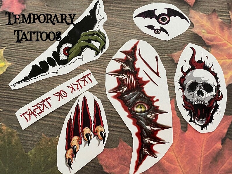 Set Halloween Totenkopf Trick Or Treat Fledermäuse Monster Temporäres Tattoo Party Taschen Tt017 Tattoos von Hailthenails