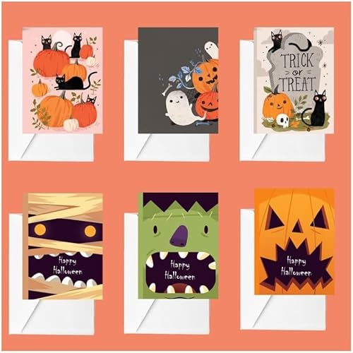 Haione Blanko-Grußkarten für Halloween,Multipack,Happy Halloween,Notizkarten,Klappkarten mit Umschlägen für Halloween,Notizzettel-Set für Kinder,Freunde und Familie,6 Stück von Haione