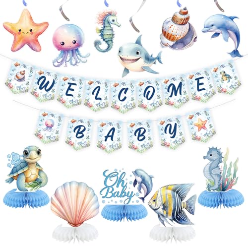 Haishell Babyparty-Dekorationen für Jungen, Ozean-Tiermotive, inklusive Willkommens-Banner, hängende Wirbel und Waben-Mittelstück für Geschlechtsoffenbarungsparty von Haishell
