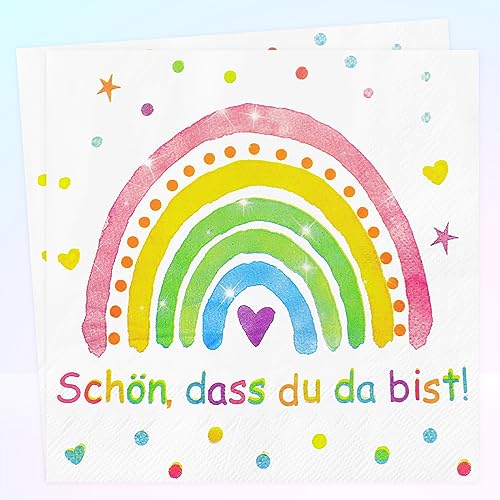 40Stück Servietten Schön Dass Du Da Bist + Regenbogen, Hakiwina Regenbogen Deko Kindergeburtstag für Kinder 1. Geburtstag Taufe Einschulung Kommunion Konfirmation Papierserviette Mädchen Junge von Hakiwina