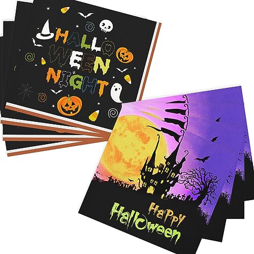 Halloween Servietten 40 Stück, Hakiwina Halloween Tischdeko für Halloween Party Supplies Papierserviette Einweg Napkins mit Kürbis Fledermaus Spinne Gruselig Happy Halloween Tisch Dekorationen von Hakiwina