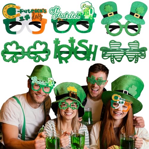 St. Patrick's Day Brille, 6 Stück, St. Patrick's Day Zubehör, Neuheit Kunststoff Brillenrahmen, grünes Kleeblatt, irische Glücksbrille, ausgefallene Party-Kostüm, Foto-Requisite für Kinder, Damen, von Hakiwina