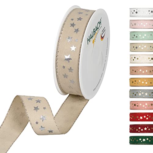 Halbach Seidenbänder Weihnachtsband 25 mm x 18 m Geschenkband für Weihnachten zum Einpacken von Geschenken, Schleifenband mit Sternen in Silber bedruckt und Lurexkanten, Farbe: Leinen Halbach Seidenbänder Weihnachtsband 25 mm x 18 m Geschenkband für Weihnachten zum Einpacken von Geschenken, Schleifenband mit Sternen in Silber bedruckt und Lurexkanten, Farbe: Leinen von Halbach Seidenbänder