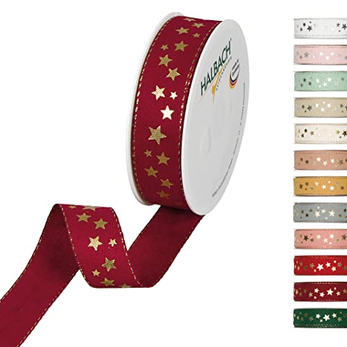 Halbach Seidenbänder Weihnachtsband 25 mm x 18 m Geschenkband für Weihnachten zum Einpacken von Geschenken, Schleifenband mit Sternen in Gold bedruckt und Lurexkanten, Farbe: Dunkelrot von Halbach Seidenbänder