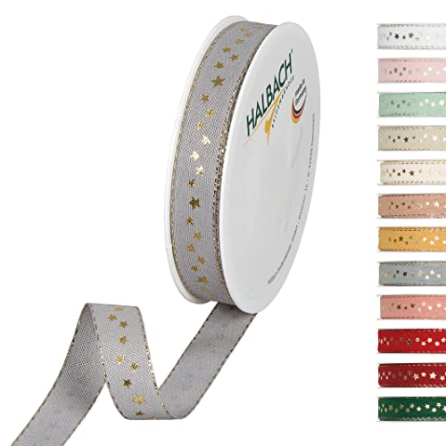 Halbach Seidenbänder 295 Sterne Geschenkband Weihnachten, Polyester, Grau, 1.5 cm von Halbach Seidenbänder