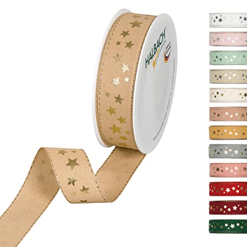 Halbach Seidenbänder 295 Sterne Geschenkband Weihnachten, Polyester, Natur, 2.5 cm von Halbach Seidenbänder