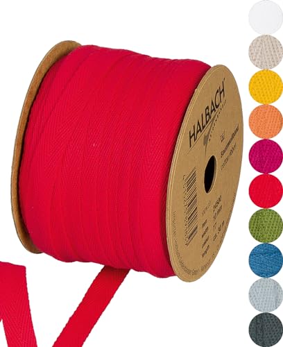 Halbach Seidenbänder Baumwollband 10 mm x 30 m, Bänder zum Basteln als Meterware, Stoffband für Dekorationen, Webband 100% Baumwolle DIY Handwerk, Schrägband Näharbeiten, Farbe: red, 24500 von Halbach Seidenbänder