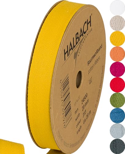 Halbach Seidenbänder Baumwollband 20 mm x 20 m, Bänder zum Basteln als Meterware, Stoffband für Dekorationen, Webband 100% Baumwolle für DIY Handwerk, Schrägband für Näharbeiten, Farbe: honey yellow von Halbach Seidenbänder