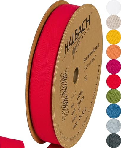 Halbach Seidenbänder Baumwollband 20 mm x m, Bänder zum Basteln als Meterware, Stoffband für Dekorationen, Webband 100% Baumwolle DIY Handwerk, Schrägband Näharbeiten, Farbe: red, 24500 von Halbach Seidenbänder