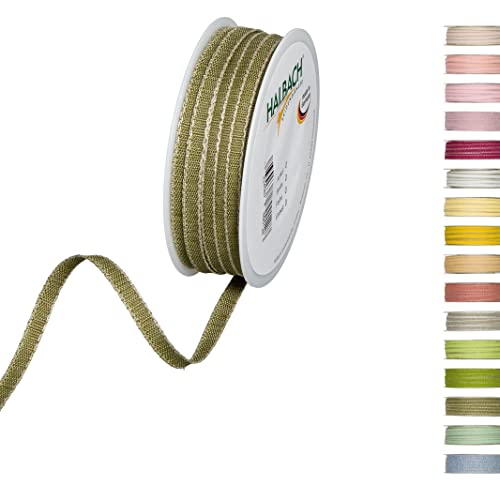 Halbach Seidenbänder Dekorationsbändchen mit Leinenkanten Breite: 7 mm Länge 30 m, Geschenkband zum verzieren basteln oder gestalten, DIY Dekoband, Farbe: olivgrün/leinen von Halbach Seidenbänder