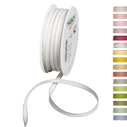 Halbach Seidenbänder Dekorationsbändchen mit Leinenkanten Breite: 7 mm Länge 30 m, Geschenkband zum verzieren basteln oder gestalten, DIY Dekoband, Farbe: weiß/leinen von Halbach Seidenbänder