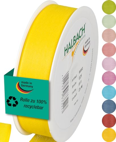 Halbach Seidenbänder Geschenkband | Breite 25mm Länge 25m | Schleifenband made in Germany | Geschenkbänder in Vielzahl von Farben und Breiten, perfekt zum Verpacken und Dekorieren, Farbe: lemon von Halbach Seidenbänder