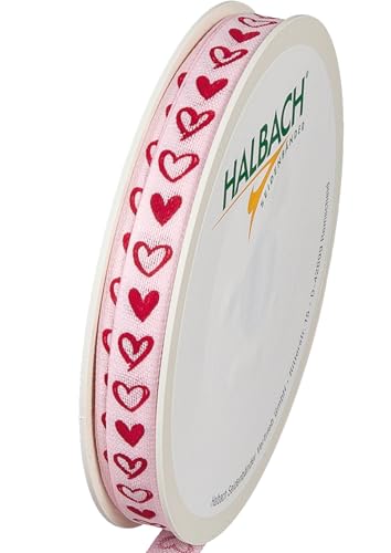 Halbach Seidenbänder Geschenkband "Herzen" | Breite 10mm Länge 20m | Druckband mit Herz Motiv | Perfektes Band für Hochzeit oder Valentinstag | Farbe: blassrosa/rot von Halbach Seidenbänder