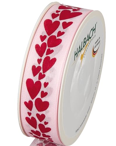 Halbach Seidenbänder Geschenkband "Herzen" | Breite 25mm Länge 18m | Druckband mit Herzchen Motiv | Perfektes Band für Hochzeit oder Valentinstag | blassrosa/rot von Halbach Seidenbänder
