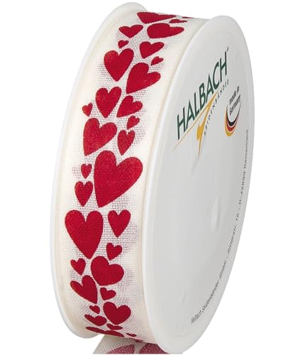Halbach Seidenbänder Geschenkband "Herzen" | Breite 25mm Länge 18m | Druckband mit Herzchen Motiv | Perfektes Band für Hochzeit oder Valentinstag | creme/rot von Halbach Seidenbänder