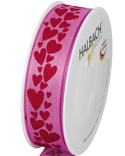 Halbach Seidenbänder Geschenkband "Herzen" | Breite 25mm Länge 18m | Druckband mit Herzchen Motiv | Perfektes Band für Hochzeit oder Valentinstag | rosenpink/rot von Halbach Seidenbänder
