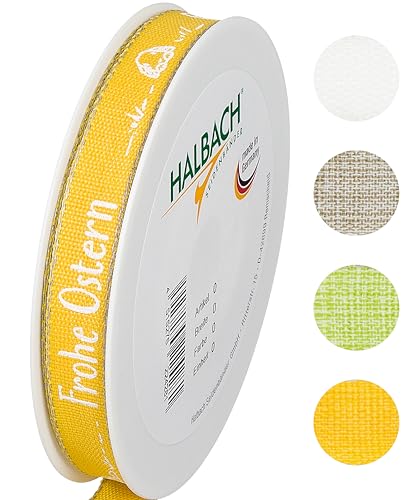 Halbach Seidenbänder Geschenkband Ostern - 15mm x 20m - Dekoband für Ostern Schriftzug "Frohe Ostern" - Schleifenband Leinen für Ostergeschenke - Farbe: gelb/weiß Halbach Seidenbänder Geschenkband Ostern - 15mm x 20m - Dekoband für Ostern Schriftzug "Frohe Ostern" - Schleifenband Leinen für Ostergeschenke - Farbe: gelb/weiß von Halbach Seidenbänder
