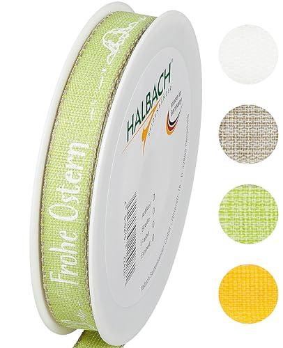 Halbach Seidenbänder Geschenkband Ostern - 15mm x 20m - Dekoband für Ostern Schriftzug "Frohe Ostern" - Schleifenband Leinen für Ostergeschenke - Farbe: grün/weiß Halbach Seidenbänder Geschenkband Ostern - 15mm x 20m - Dekoband für Ostern Schriftzug "Frohe Ostern" - Schleifenband Leinen für Ostergeschenke - Farbe: grün/weiß von Halbach Seidenbänder