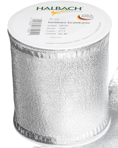 Halbach Seidenbänder Geschenkband Silber - made in Germany - mit formbaren Drahtkanten | 100mm x 20m | Edles goldenes Band für Hochzeit oder Weihnachten Halbach Seidenbänder Geschenkband Silber - made in Germany - mit formbaren Drahtkanten | 100mm x 20m | Edles goldenes Band für Hochzeit oder Weihnachten von Halbach Seidenbänder