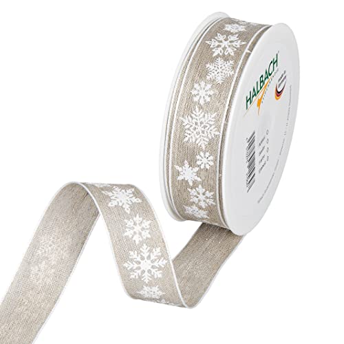 Halbach Seidenbänder Geschenkband Weihnachten Leinen 25mm x 15 m Natur für zum Einpacken von Geschenken, Schleifenband Schneesterne mit Drahtkanten, 955, Leinen/Weiß von Halbach Seidenbänder