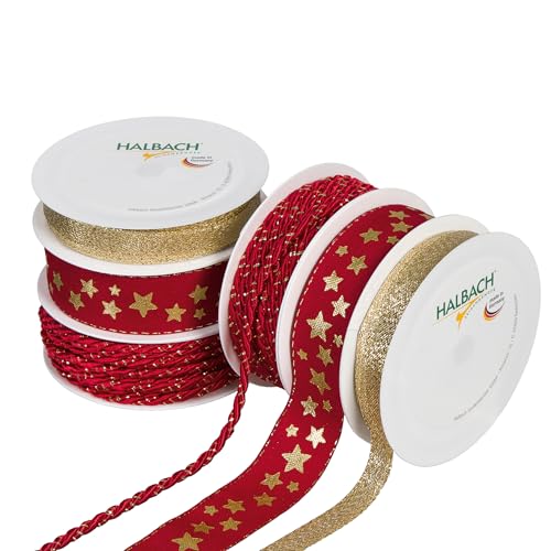 Halbach Seidenbänder Premium Geschenkband Set Weihnachten | 6 Rollen weihnachtliche Dekobänder & Kordeln | Schleifenband zum Geschenk einpacken Halbach Seidenbänder Premium Geschenkband Set Weihnachten | 6 Rollen weihnachtliche Dekobänder & Kordeln | Schleifenband zum Geschenk einpacken von Halbach Seidenbänder