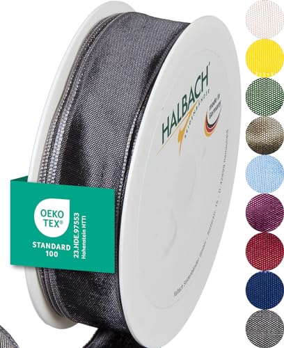 Halbach Seidenbänder Premium Geschenkband mit Drahtkante | Breite 25mm Länge 25m | Öko-Tex 100 zertifiziertes Schleifenband | Taftband Made in Germany, Farbe: dunkelgrau von Halbach Seidenbänder