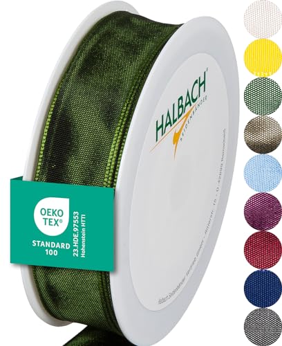 Halbach Seidenbänder Premium Geschenkband mit Drahtkante | Breite 25mm Länge 25m | Öko-Tex 100 zertifiziertes Schleifenband | Taftband Made in Germany, Farbe: dunkelgrün von Halbach Seidenbänder