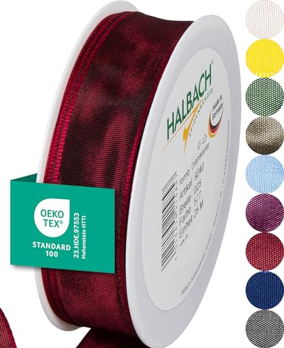 Halbach Seidenbänder Premium Geschenkband mit Drahtkante | Breite 25mm Länge 25m | Öko-Tex 100 zertifiziertes Schleifenband | Taftband Made in Germany, Farbe: dunkelrot von Halbach Seidenbänder