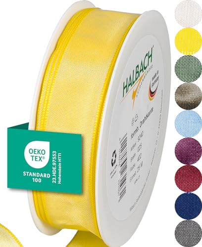 Halbach Seidenbänder Premium Geschenkband mit Drahtkante | Breite 25mm Länge 25m | Öko-Tex 100 zertifiziertes Schleifenband | Taftband Made in Germany, Farbe: hellgelb von Halbach Seidenbänder