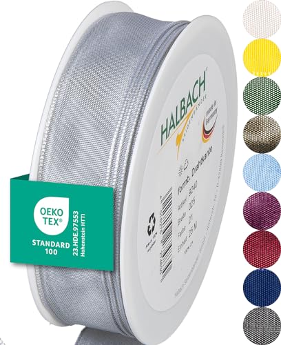 Halbach Seidenbänder Premium Geschenkband mit Drahtkante | Breite 25mm Länge 25m | Öko-Tex 100 zertifiziertes Schleifenband | Taftband Made in Germany, Farbe: hellgrau von Halbach Seidenbänder