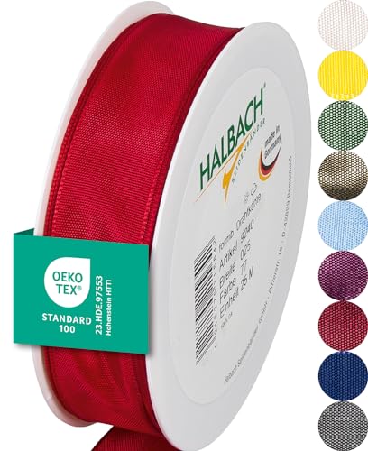 Halbach Seidenbänder Premium Geschenkband mit Drahtkante | Breite 25mm Länge 25m | Öko-Tex 100 zertifiziertes Schleifenband | Taftband Made in Germany, Farbe: rot von Halbach Seidenbänder